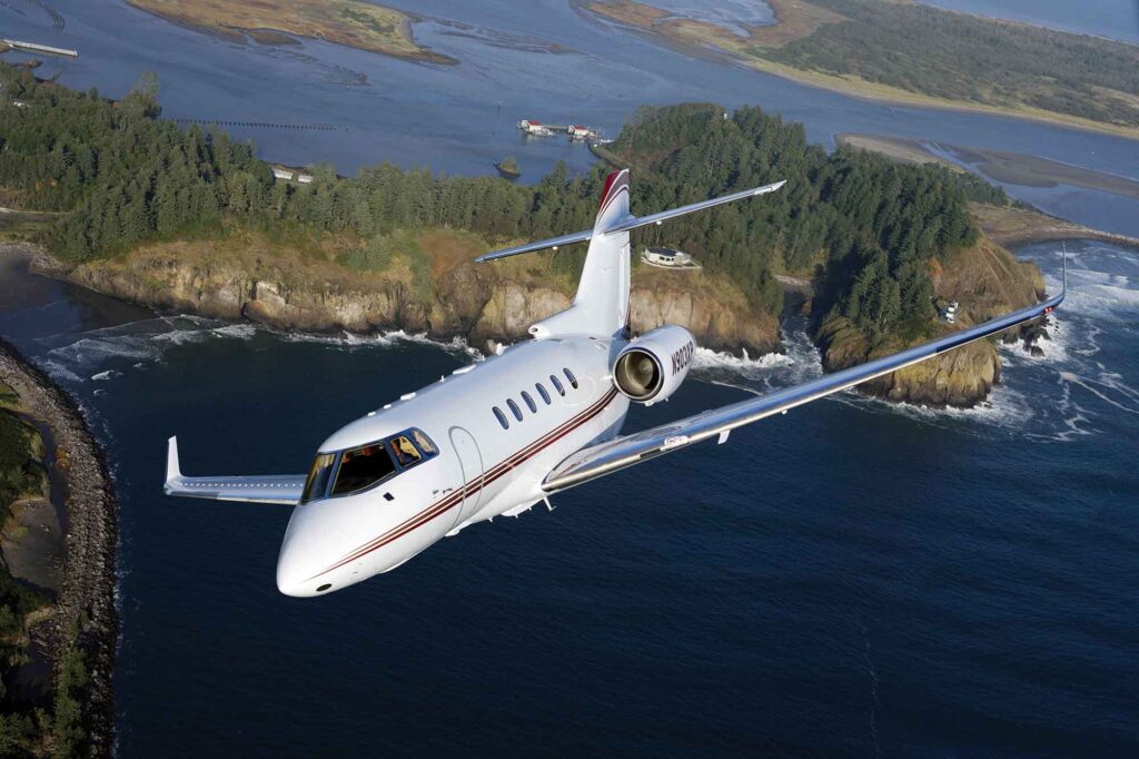 Exterior of Hawker 900XP midsize jet – corporate charter option